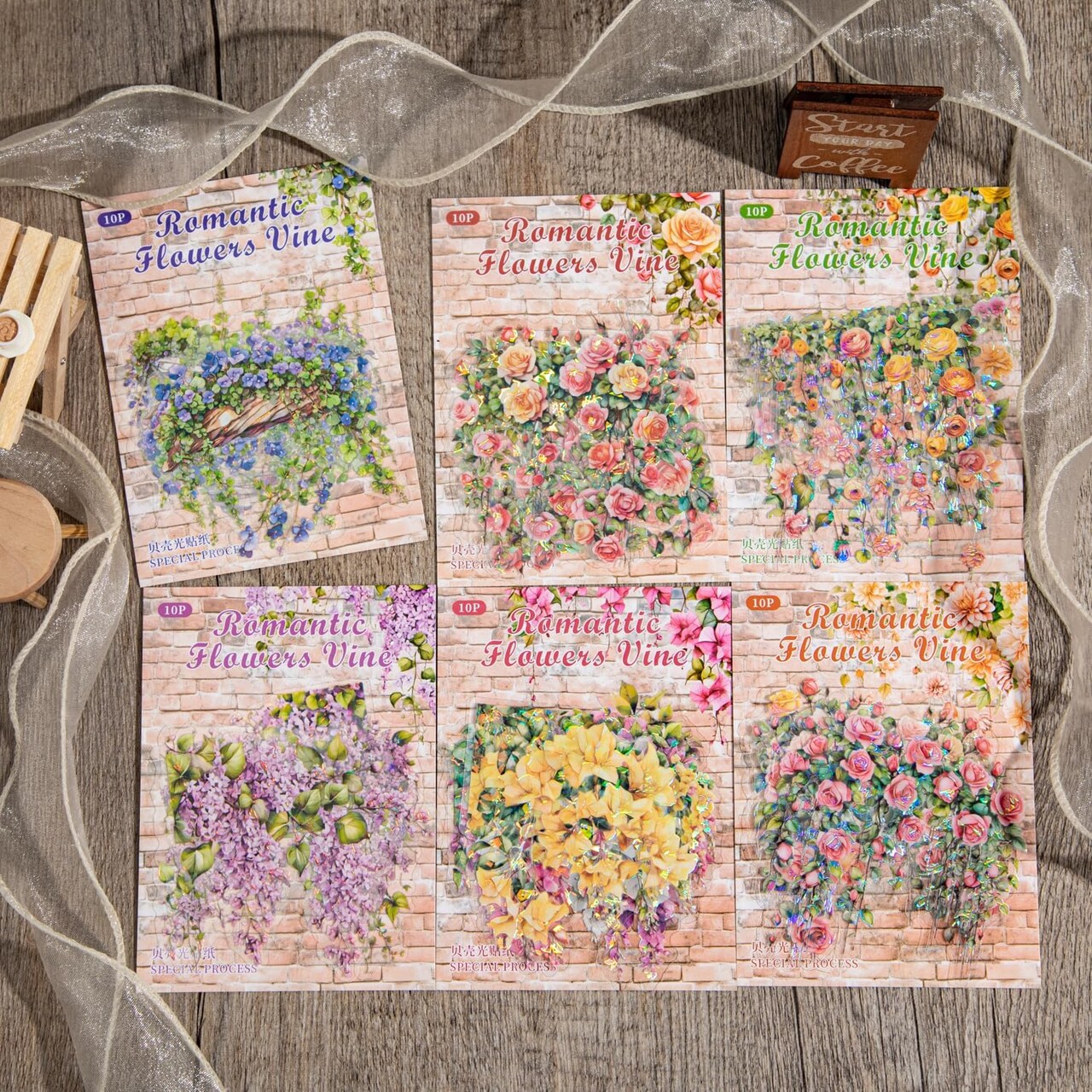 Flower Vine PET Stickers 60 Pcs Lot,6 Packs Glittering Floral Sticker